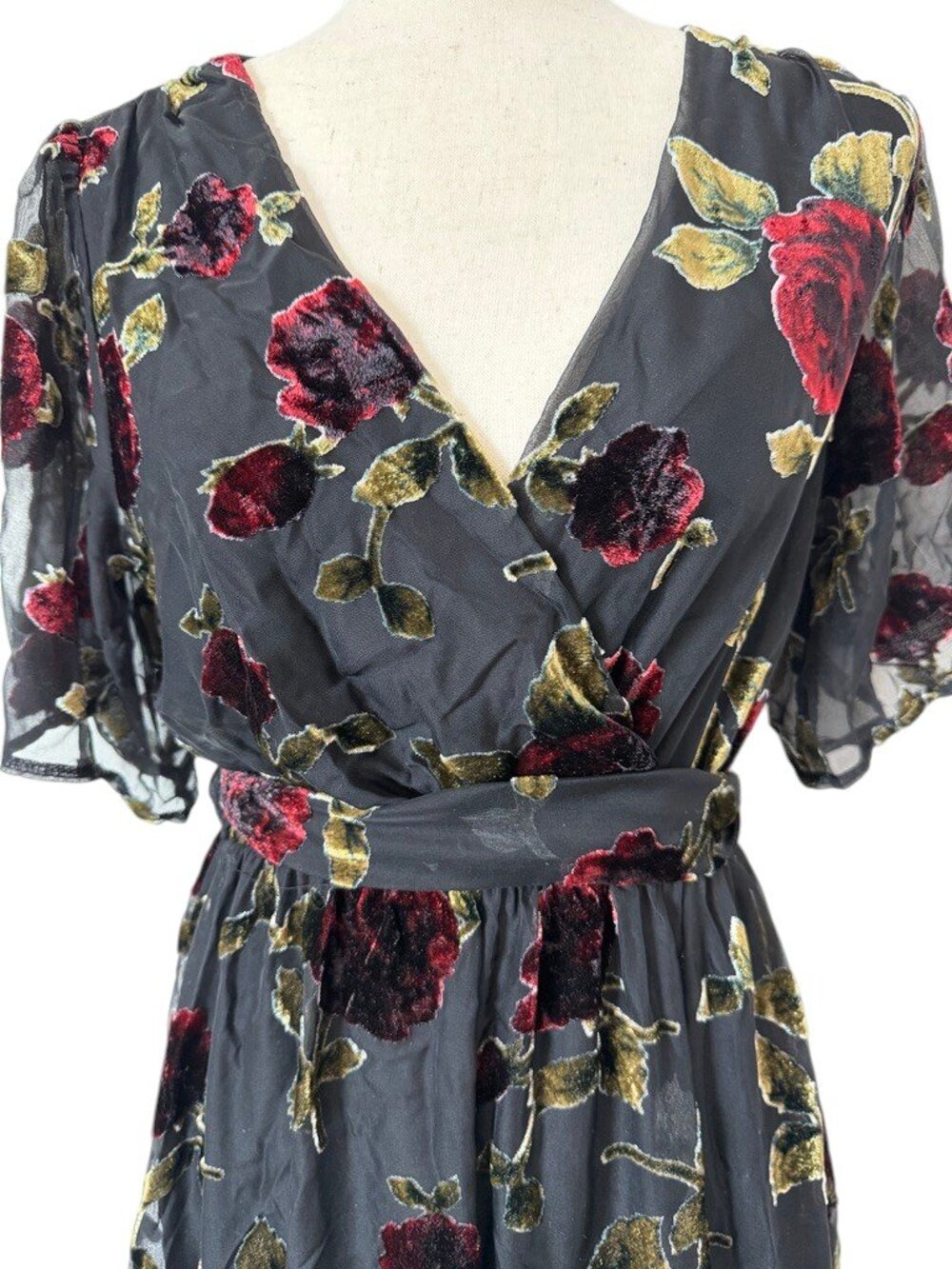 Baltic Born Valen Maxi Dress Black Burnout Velvet Floral Flutter Sleeve Womens M